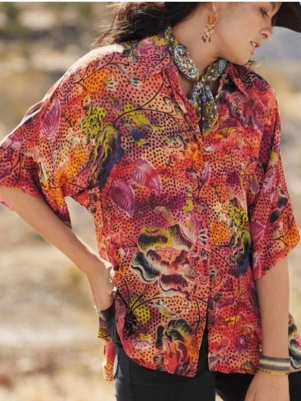 Peruvian Connection Taormina Button Down Shirt Viscose Floral Art Print Size L